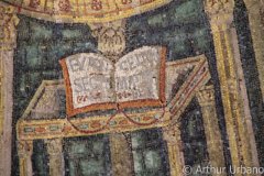 Altar with Open Gospel Book with Two Chairs on Either Side, Orthodox Baptistery, Ravenna, Detail