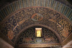 Two Deer Stand Near a Pond with a Chi Rho and Two Golden People Above, Mausoleum of Galla Placidia, Ravenna.